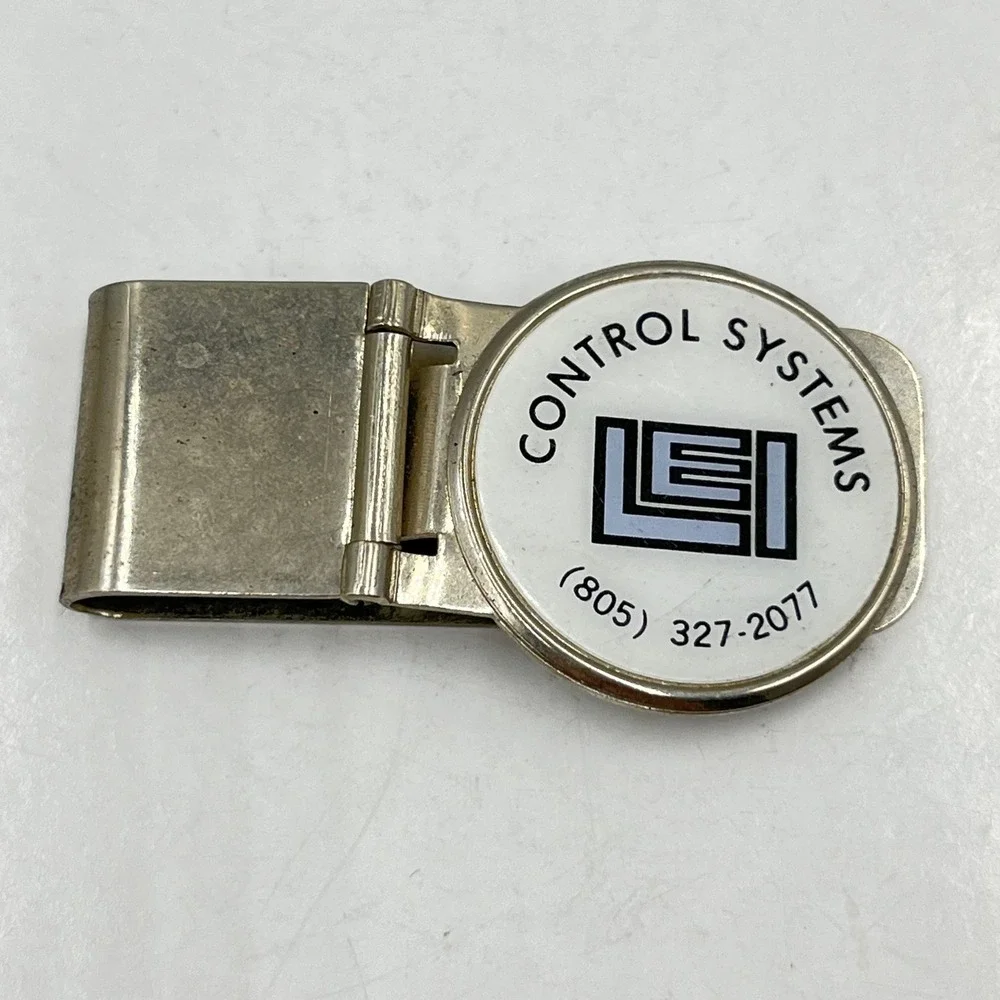 Vintage LEI Control Systems Money Clip & Tie Bar Set, White Enamel Logo (805)